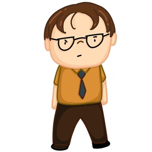 May include: A cartoon illustration of a man with brown hair, wearing glasses, a yellow shirt, a dark blue tie, and brown pants. He has a serious expression on his face.