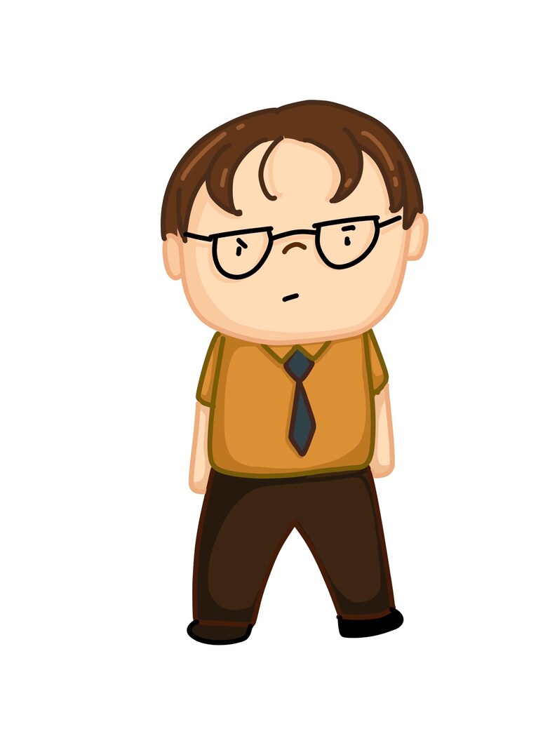 May include: A cartoon illustration of a man with brown hair, wearing glasses, a yellow shirt, a dark blue tie, and brown pants. He has a serious expression on his face.