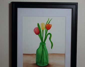 Tulips in vase painting, 8x10 painting with 11x14 white mat, original artwork