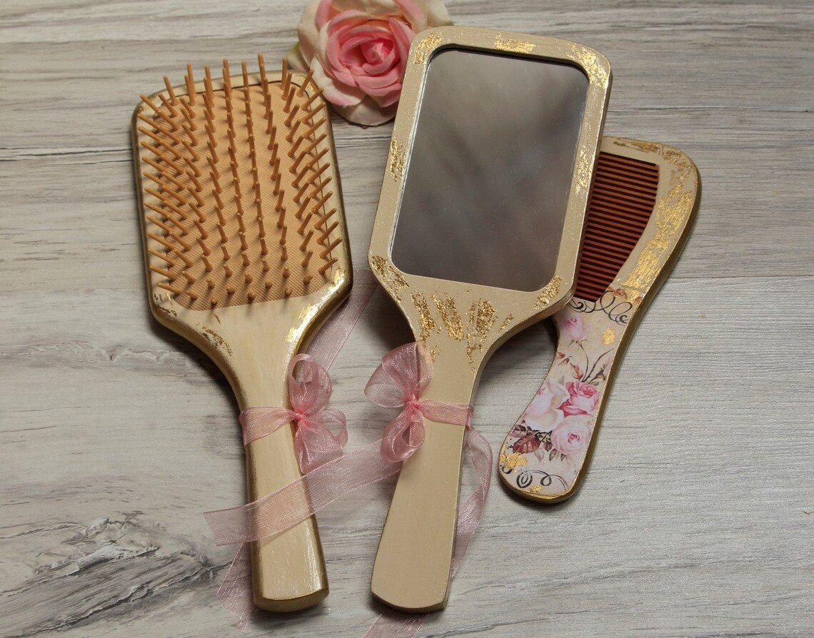 Ivory Goldish Hairbrush Mirror and Comb Set French Vanity Etsy