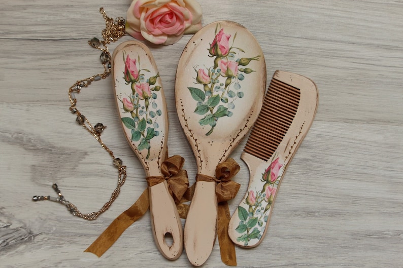 Hand Painted Wood Hair Brush and Wooden Mirror Mirror and hairbrush Victorian Dressing Table Set Hairbrush and Wooden Mirror Vanity Set