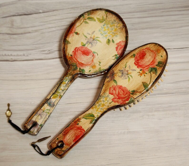 Wood Hair Brush And Mirror Decoupaged Dressing Table Wood Hair Brush And Mirror