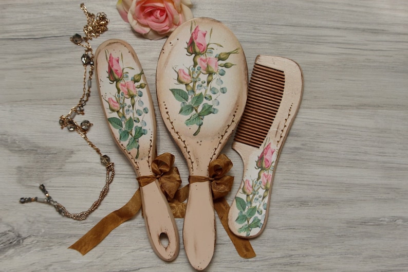 Hand Painted Wood Hair Brush and Wooden Mirror Mirror and hairbrush Victorian Dressing Table Set Hairbrush and Wooden Mirror Vanity Set