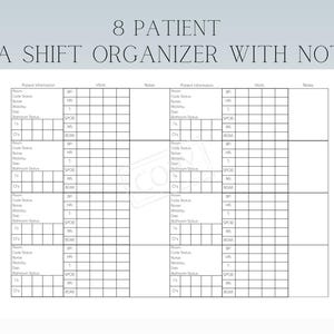 8 Patient CNA/PCT/Tech Report Sheet with Notes Section, Shift Organizer and Planner | Nursing Assistant Template Downloads Brain Sheet