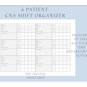 6 Patient CNA/PCT/Tech Report Sheet, Shift Organizer and Planner | Nursing Assistant  Template Downloads Brain Sheet