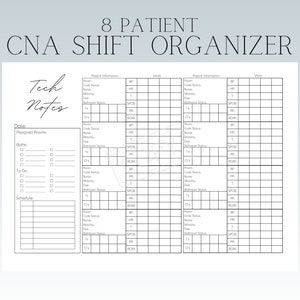 Rapportblad CNA/PCT/Tech voor 8 patiënten, ploegenorganisator en planner | Sjabloondownloads verpleegkundige assistent Brain Sheet