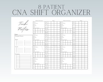 8 Patient CNA/PCT/Tech Report Sheet, Shift Organizer and Planner | Nursing Assistant  Template Downloads Brain Sheet