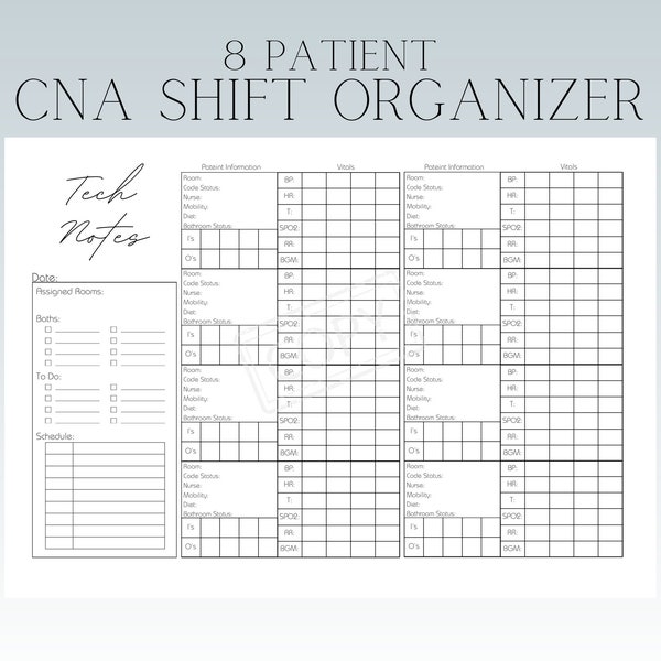 8 Patient CNA/PCT/Tech Report Sheet, Shift Organizer and Planner | Nursing Assistant  Template Downloads Brain Sheet