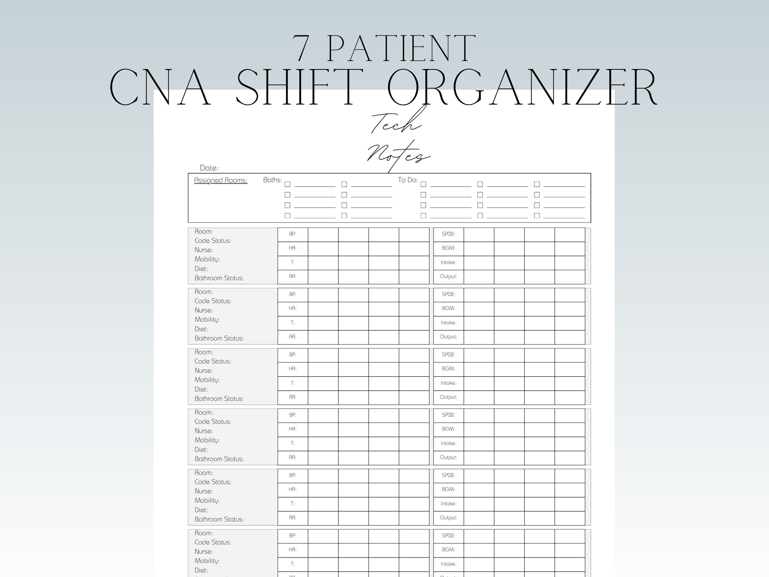 7 Patient CNA/PCT/Tech Report Sheet, Shift Organizer and Planner | Nursing Assistant  Template Downloads Brain Sheet
