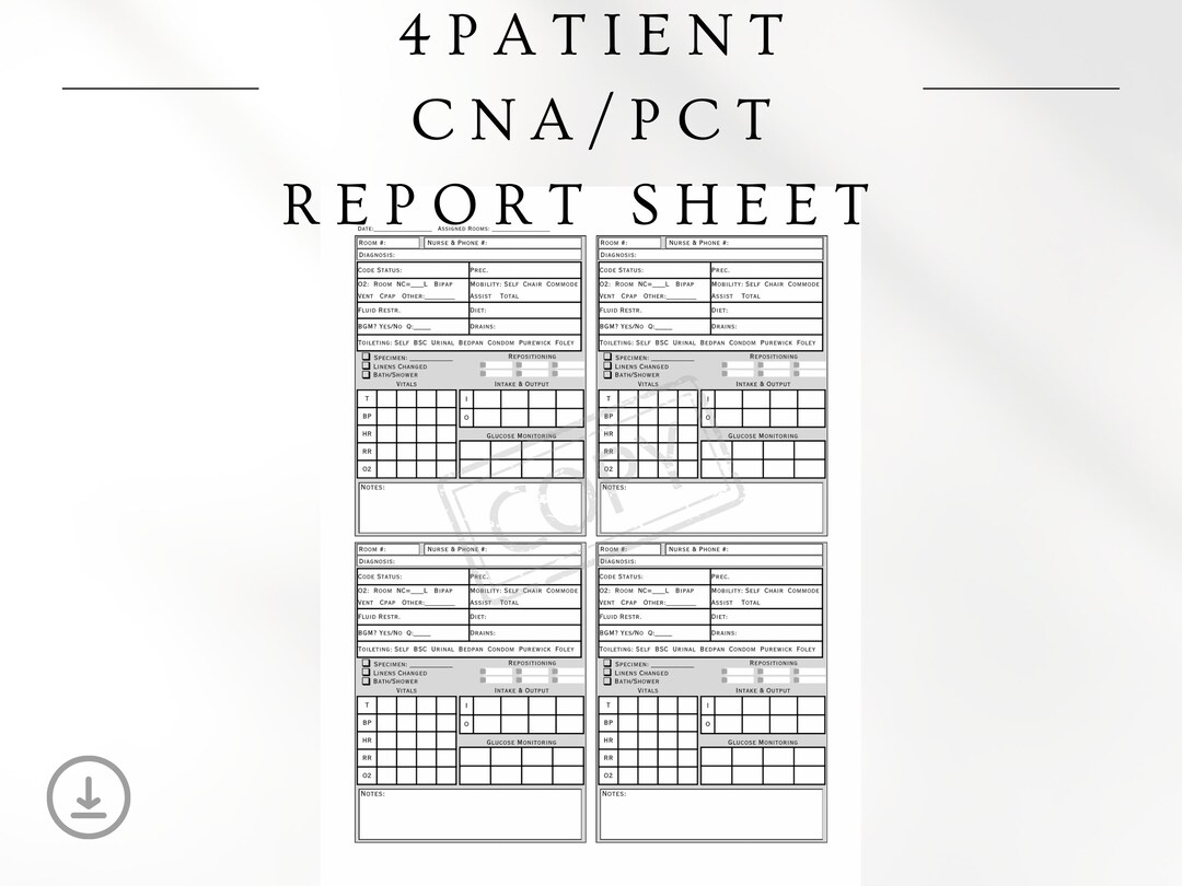 Cna/pct/nursing Assistant/tech Brain Sheet Report Notes Template 4 ...