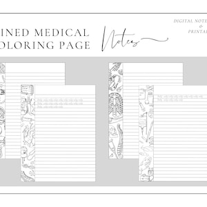 May include: Printable lined medical notes coloring page with three different medical themed borders. The borders feature anatomical illustrations of the human body, medical tools, and other medical symbols. The text "Lined Medical Coloring Page" and "Notes" is at the top of the page.