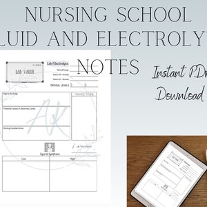 Op de afbeelding: Een zwart-witte printbare studiegids voor de verpleegschool over vocht- en elektrolytenbalans. De gids bevat secties voor laboratoriumwaarden, kritische waarden, tekenen en symptomen, verpleegkundige overwegingen en samenvattende definities. De tekst "NOTES Direct PDF downloaden" is ook inbegrepen.