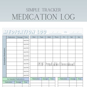 Könnte beinhalten: Ein druckbarer Medikamenten-Logbuch mit einem blau-weißen Farbschema. Das Logbuch enthält Abschnitte für geplante und bedarfsgerechte Medikamente, mit Spalten für Medikamentenname, Dosierung, Zeit und Wochentage. Der Text "PDF Printable Download" ist in der Mitte der Seite sichtbar.