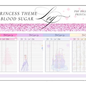 May include: Printable blood sugar log with a princess theme. The log has four columns with headings "Date", "Time", "Level", and "Notes". Each column has a princess-themed illustration. The top of the page has the text "Princess Theme Blood Sugar Log" and "PDF Digital Printable".