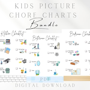 Picture Chore Chart Bundle | Bedroom, Kitchen, and Bathroom Cleaning Checklist | Kids and Teens