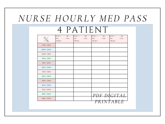 Nurse Med Pass Hourly Shift Schedule To Do List | Asthetic Nursing Printable Digital PDF Download Day and Night Shift