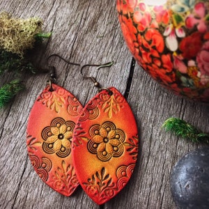 Large Red And Orange Hand Tooled Leather Teardrop Almond Shape Earrings with Floral Design