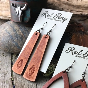 Hand Tooled Rustic Leather Bar Earrings, Southwest Style with Rustic Finish