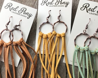 Sand, Mustard Yellow or Mint Green Buckskin Fringe Earrings, Hammered Copper Hoop