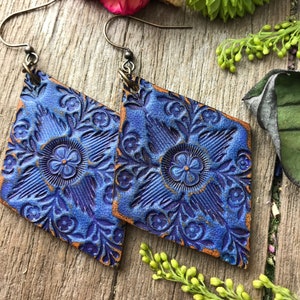 Hand Tooled Navy Blue and Caramel Brown Floral Leather Earrings with Rustic Finish