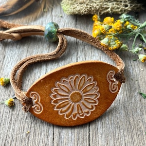 Hand Tooled Leather Daisy Bracelet in Caramel Brown, Adjustable Bead Closure