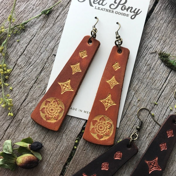 Hand Tooled Floral Leather Bar Earrings, Caramel Brown and Gold