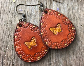 Vintage Style Hand Tooled Daisies and Butterflies Leather Earrings in Warm, Colors of Whiskey Brown, Gold and Metallic Gold Accents