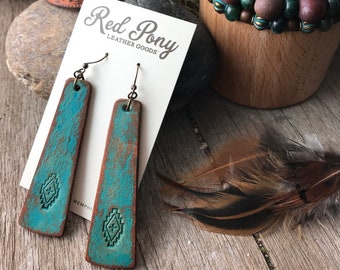 Hand Tooled Rustic Leather Bar Earrings, Southwest Style with Rustic Turquoise Finish