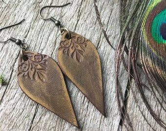 Hand Tooled Chocolate Brown and Olive Green Fancy Teardrop Leather Earrings with Vintage Style Floral Design