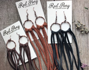 Chocolate Brown, Tobacco Brown, or Black Buckskin Fringe Earrings, Hammered Copper Hoop