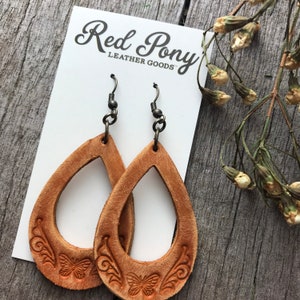 Leather Butterfly Teardrop Earrings With Rustic Finish in Caramel Brown, Whiskey Brown, Chocolate Brown or Teal