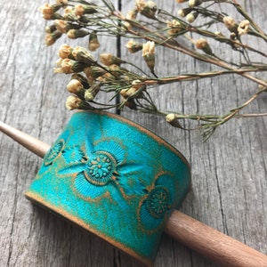 Hand Tooled Leather Hair Slide Barrette, Turquoise and Caramel Brown Rustic Finish with Southwest Style Design