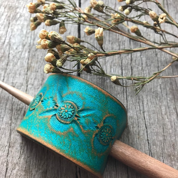 Hand Tooled Leather Hair Slide Barrette, Turquoise and Caramel Brown Rustic Finish with Southwest Style Design