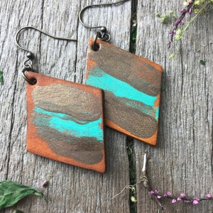 Hand Painted Diamond Shaped Rustic Leather Earrings, Robin's Egg Blue, Bronze and Caramel Brown image 1