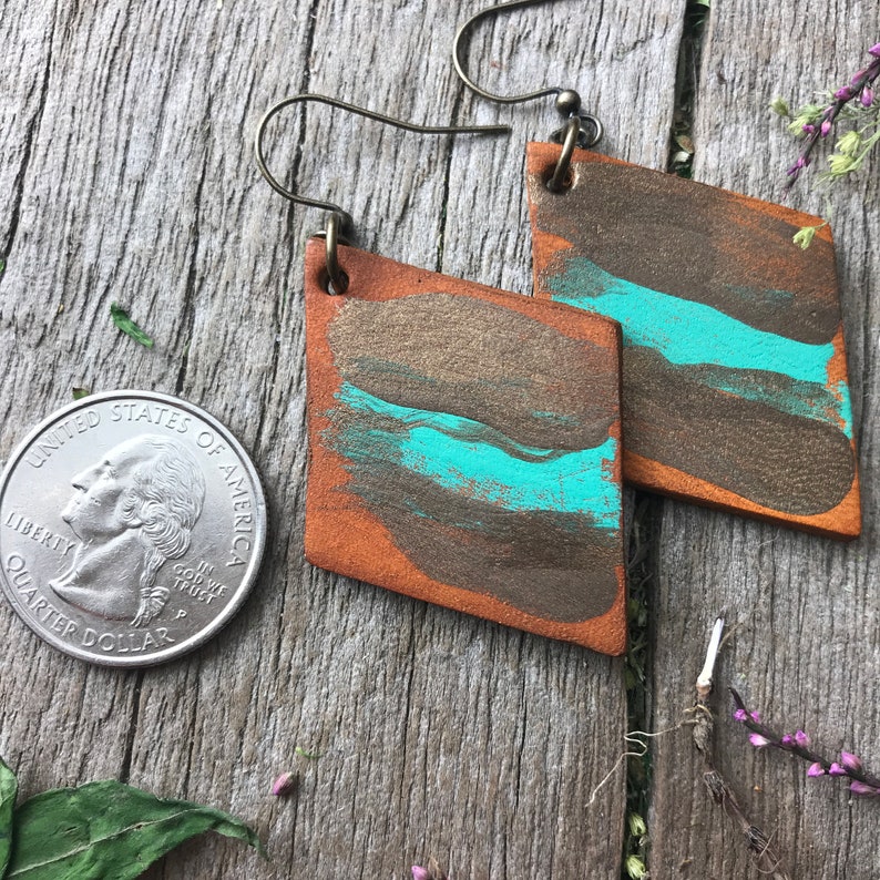 Hand Painted Diamond Shaped Rustic Leather Earrings, Robin's Egg Blue, Bronze and Caramel Brown image 3