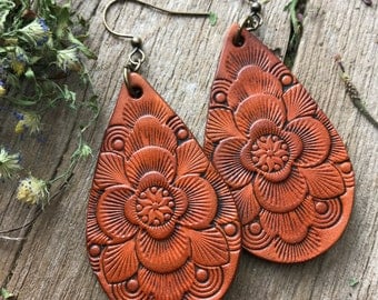 Hand Tooled Mandala Leather Teardrop Earrings in Caramel Brown, Western Style