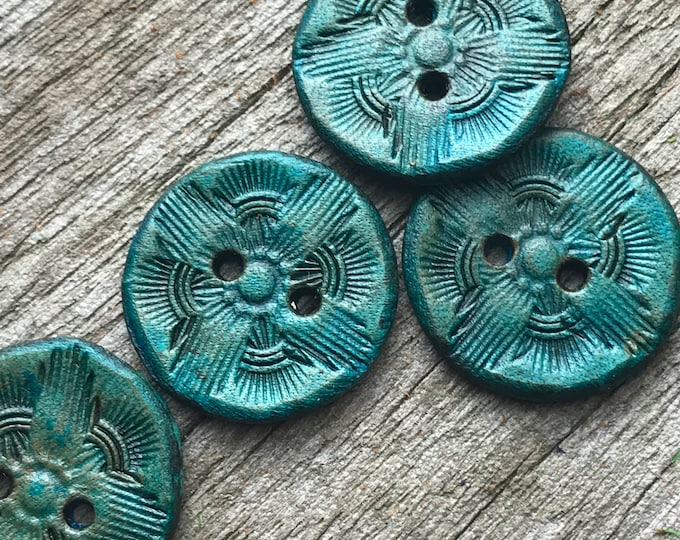 Handmade Leather Buttons, Turquoise Leather Buttons With Antiqued