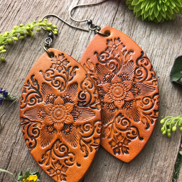 Large Almond Shaped Wild Flower Hand Tooled Leather Earrings, Hand Dyed Caramel Brown with Antiqued Finish