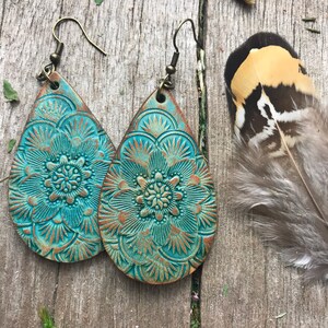 Hand Tooled  Leather Teardrop Mandala Earrings, Teal and Warm Brown