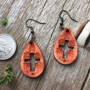 Hand Tooled Caramel Brown Petite Leather Teardrop Cross Earrings image 3