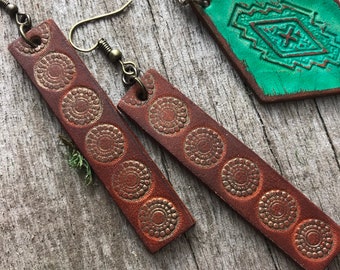 Hand Tooled Geometric Leather Bar Earrings, Chocolate Brown and Metallic Gold