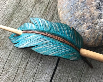 Hand Tooled Leather Hair Barrette, Hair Stick Barrette, Turquoise Leather Feather Hair Slide