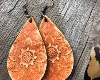 Hand Tooled  Leather Teardrop Earrings in caramel brown rustic finish