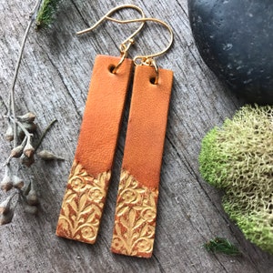 Hand Tooled Floral Leather Bar Earrings, Caramel Brown and Metallic Gold