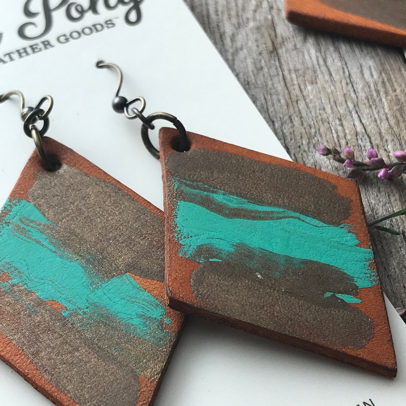Hand Painted Diamond Shaped Rustic Leather Earrings, Robin's Egg Blue, Bronze and Caramel Brown image 7