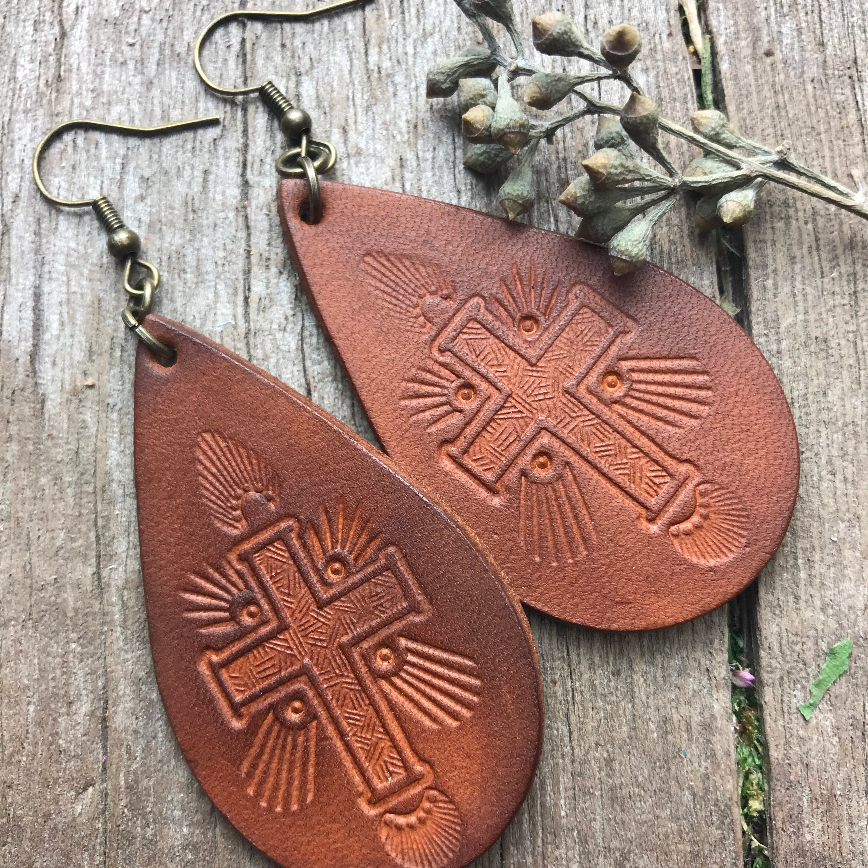 Hand Tooled Deep Brown Leather Teardrop Cross Earrings Etsy