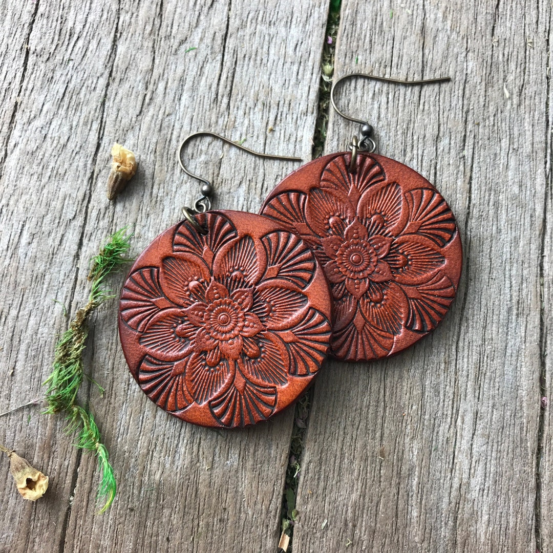 Mandala Circle Leather Earrings