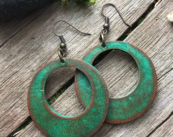 Turquoise and Rich Brown Circle Hoop Leather Earrings with Rustic Hand Finish