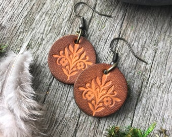 Hand Tooled Caramel and Chocolate Brown Petite Circle Floral Leather Earrings