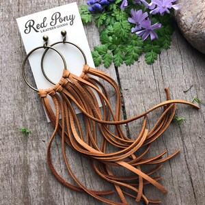 Extra Long Leather Bone White Buckskin Fringe Earrings with Smooth Antiqued Brass Hoops